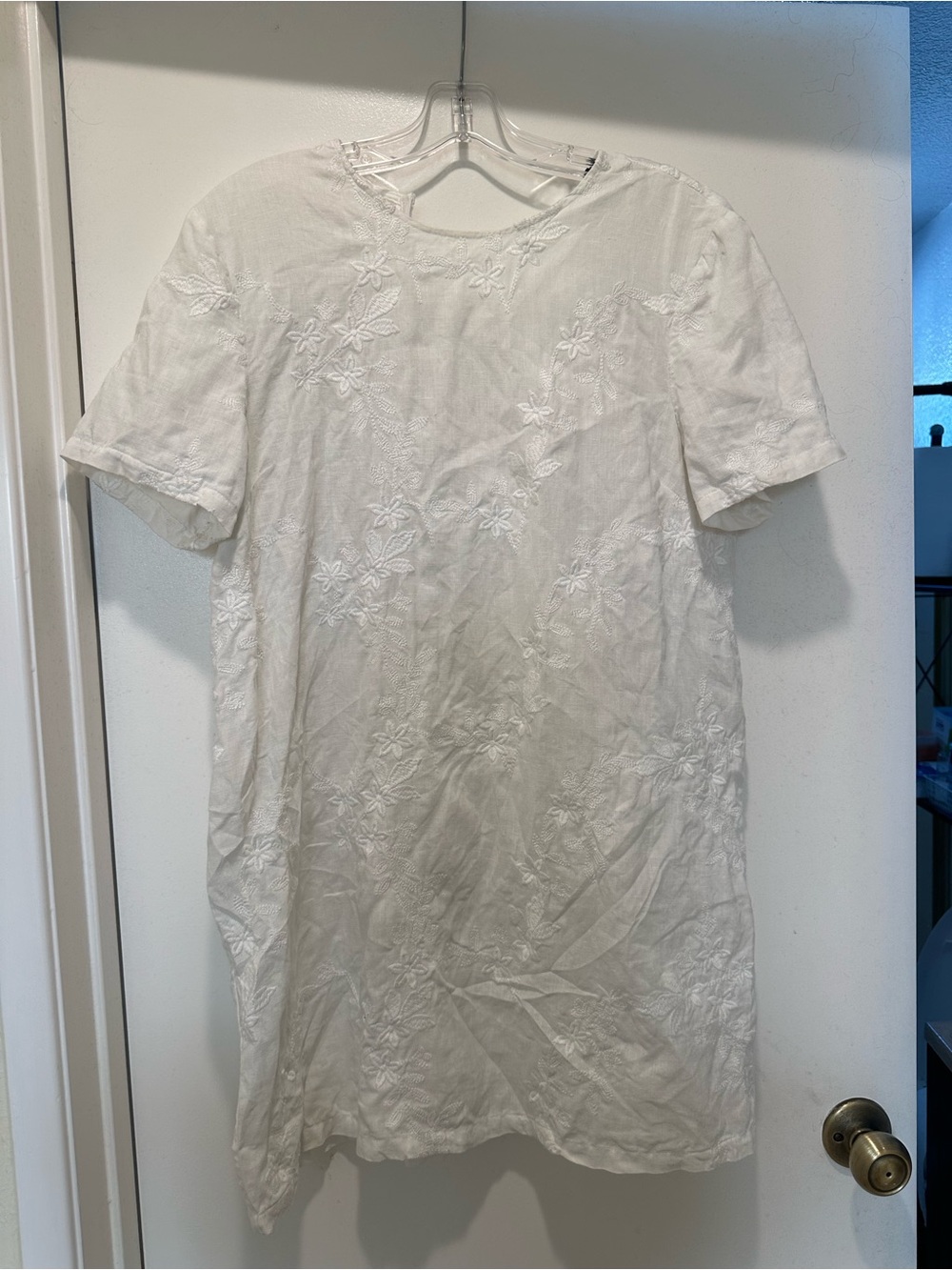 Zara White Floral Embroidered Linen Blend Dress Size Large Mini